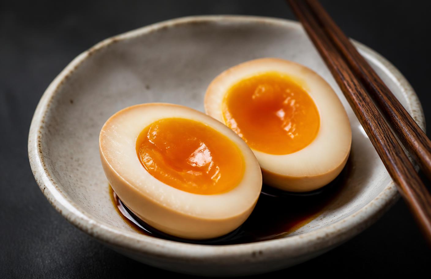 Two halves of a soy-marinated ramen egg with jammy orange yolks in a ceramic dish