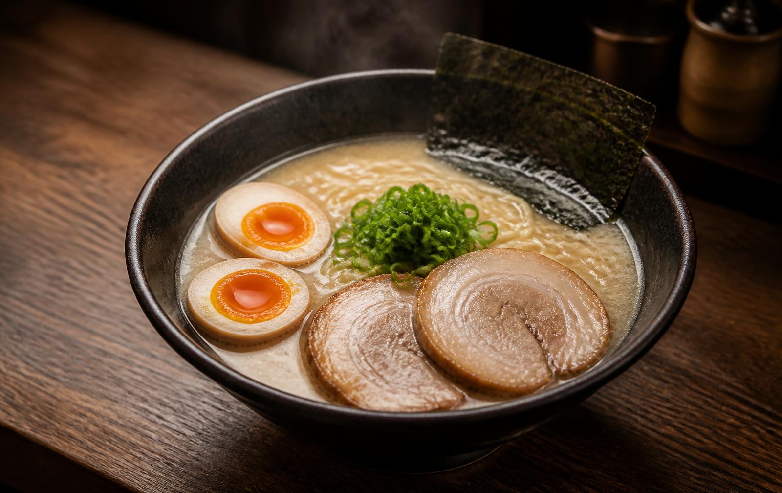 A steaming bowl of tonkotsu ramen with chashu pork, a halved marinated egg, scallions, and nori