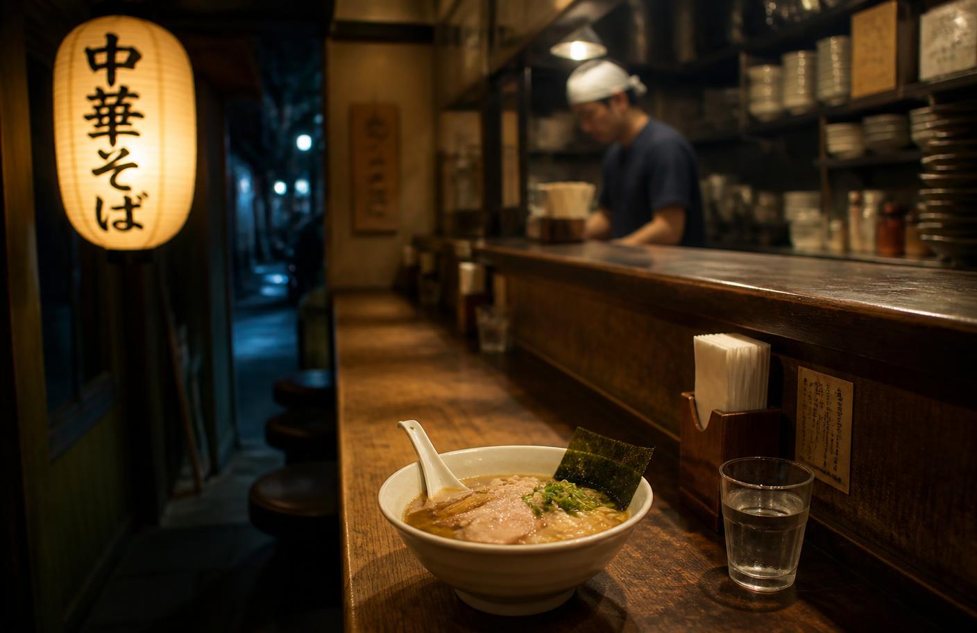A narrow Japanese ramen shop counter at night with a bowl of shoyu ramen under warm lantern light