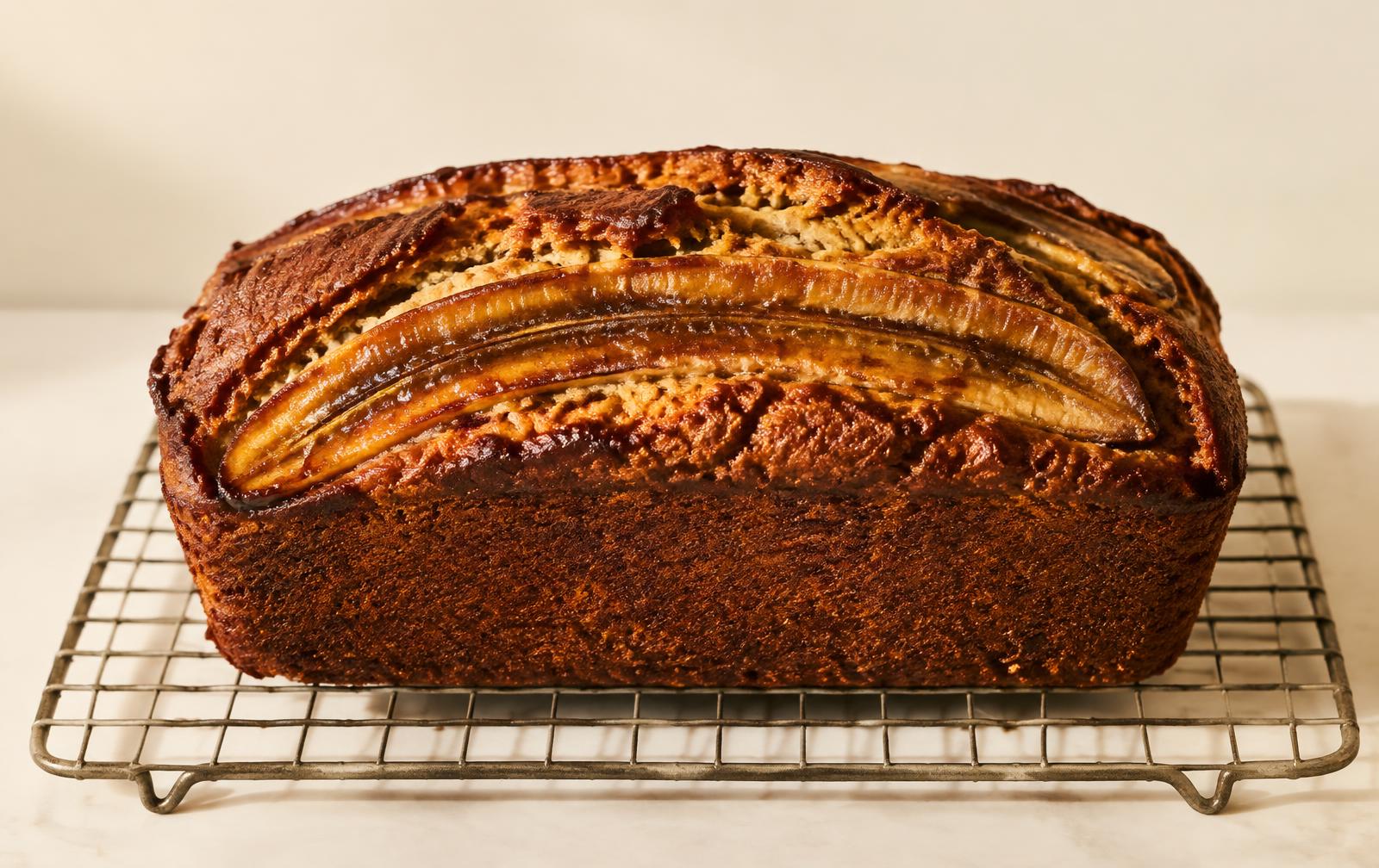 A whole loaf of banana bread with a deeply browned, cracked top and a caramelized split banana, cooling on a wire rack