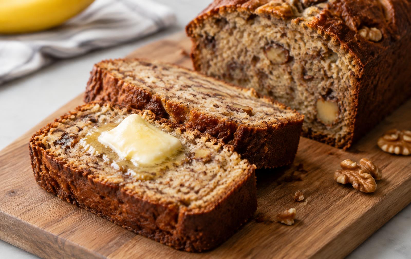 Thick slices of moist banana bread with walnuts on a wooden board, one topped with a melting pat of butter