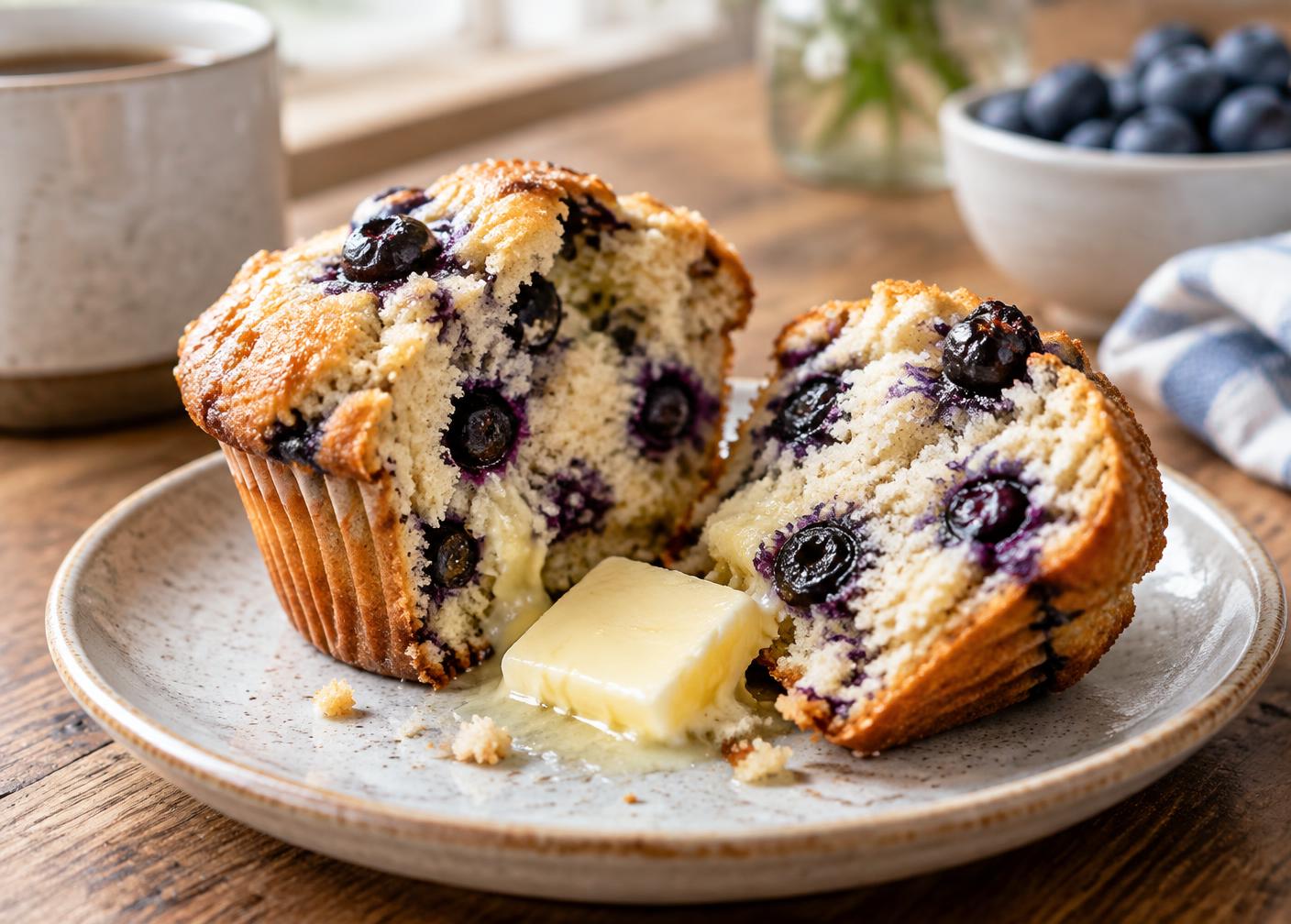 A blueberry muffin broken open to show a moist, tender crumb full of whole blueberries, with a melting pat of butter