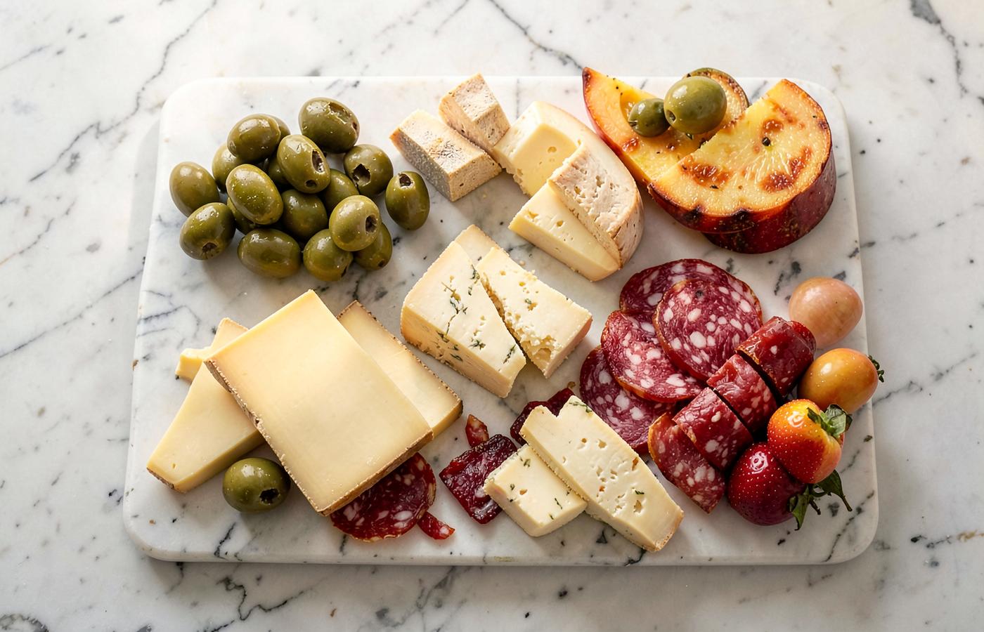 Marble board loaded with cheeses, cured meats, olives and fruit