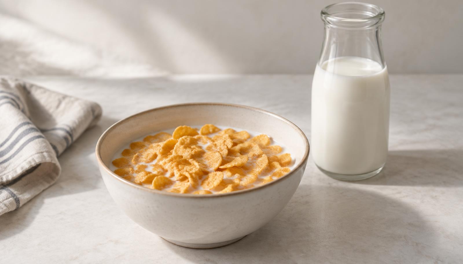 A plain bowl of cornflakes with milk beside a glass bottle of milk on a pale table