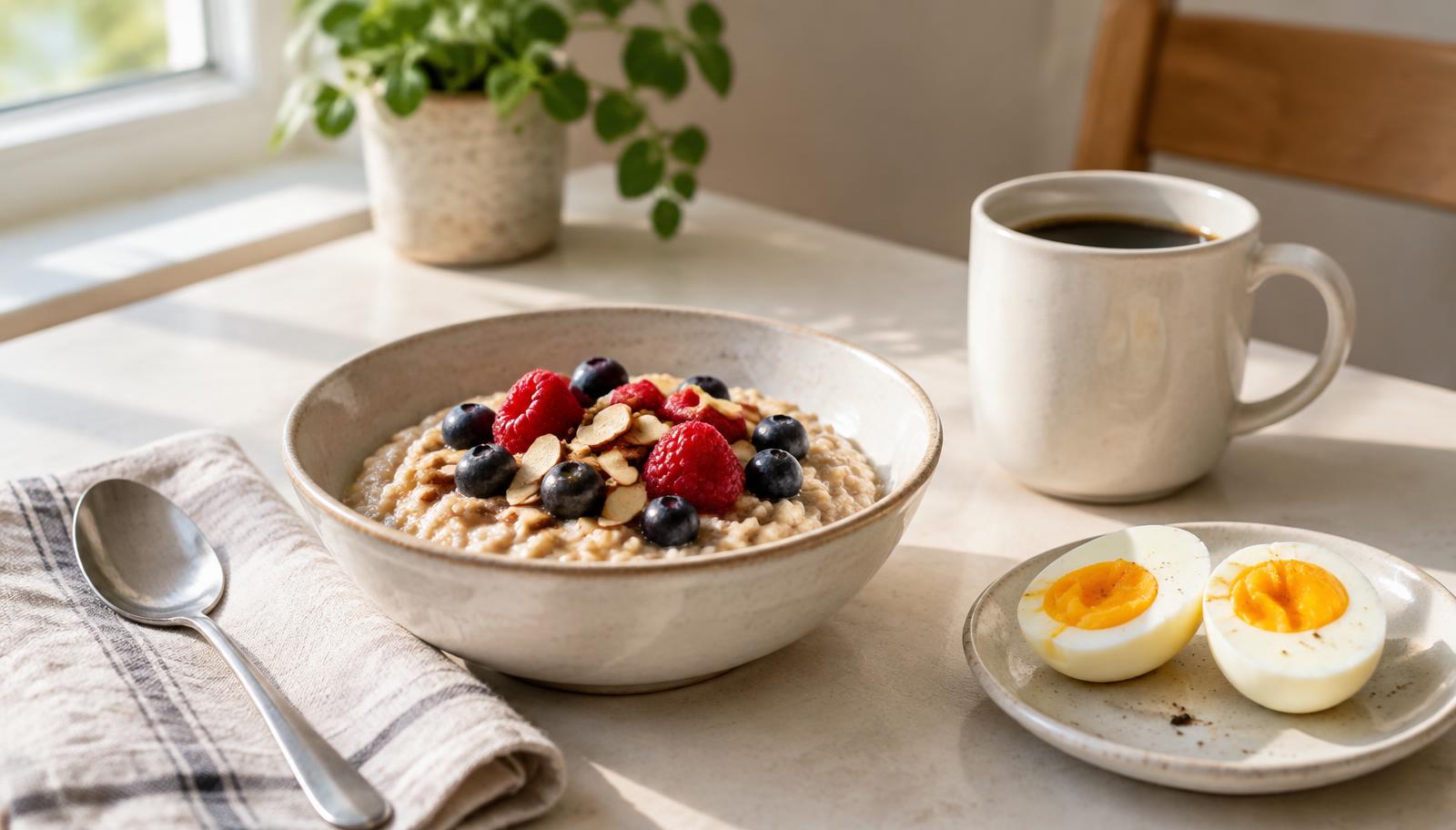 A simple breakfast of oatmeal with berries, a boiled egg and black coffee on a sunlit kitchen table