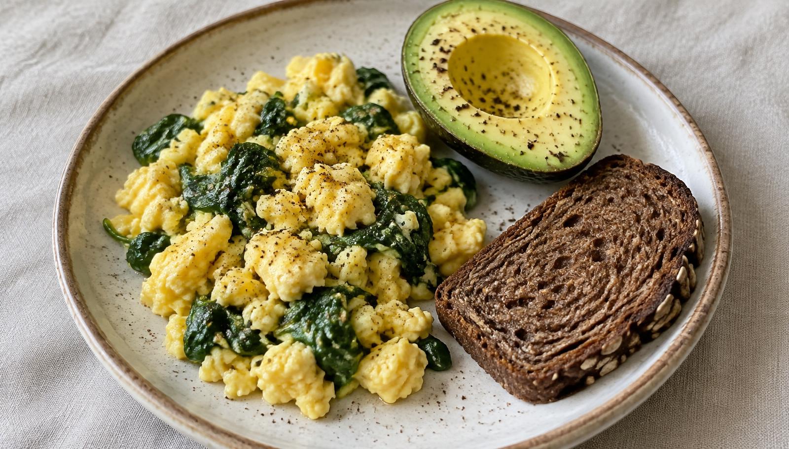 A plate of scrambled eggs with spinach, half an avocado and a slice of rye toast