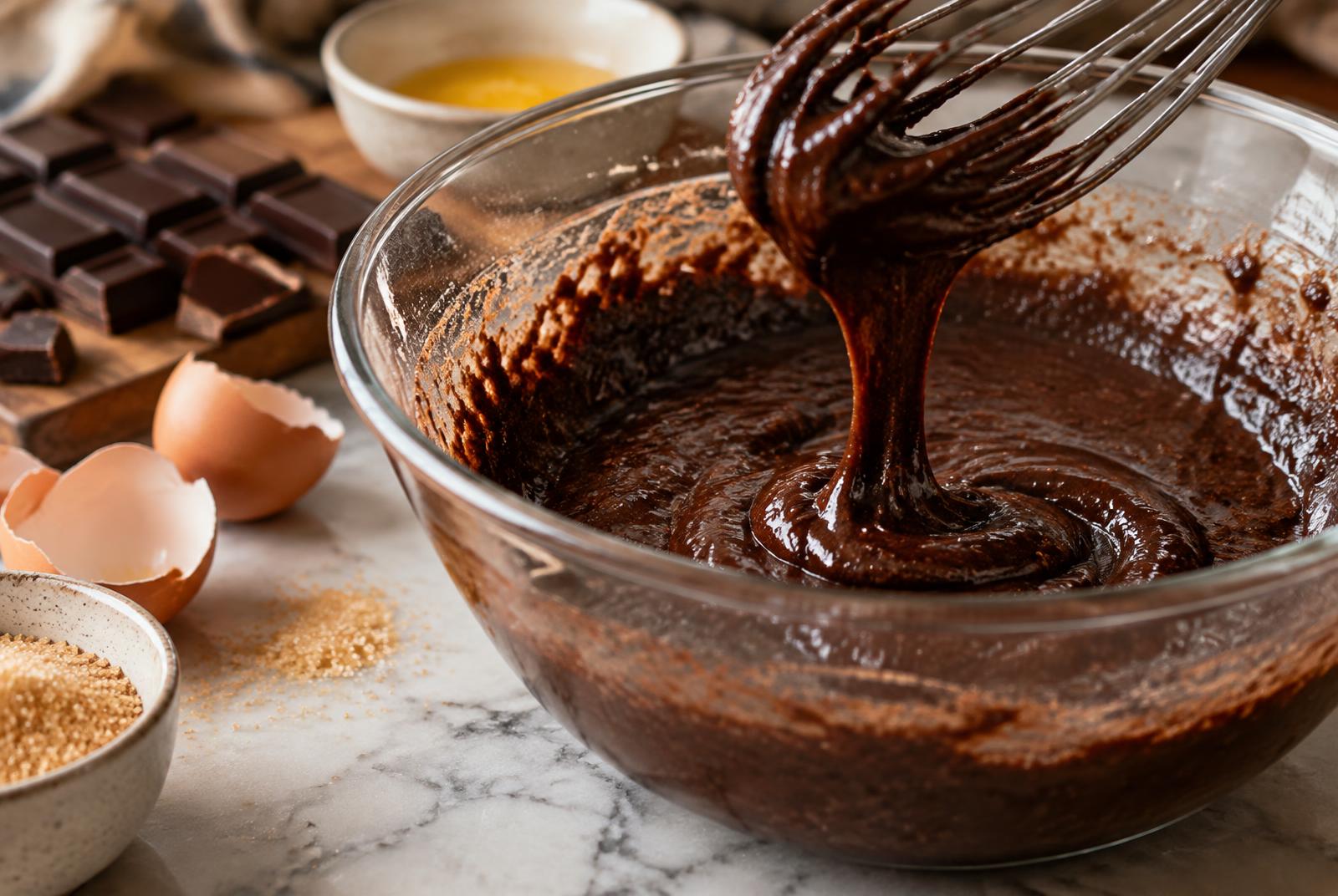 Glossy dark brownie batter falling in thick ribbons from a whisk into a glass bowl, with chopped dark chocolate and eggs beside it