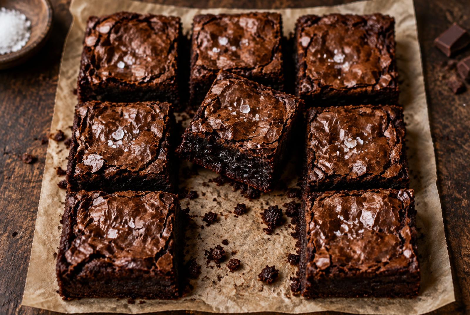 Nine squares of fudgy chocolate brownies on parchment paper with a shiny crackly top and a dense gooey interior visible on the cut edges