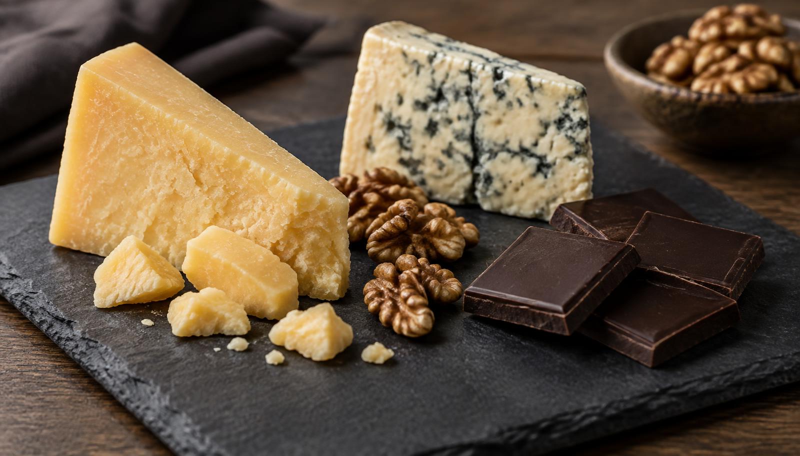 A slate board with aged cheddar, blue cheese, walnuts and squares of dark chocolate for a chocolate and cheese pairing