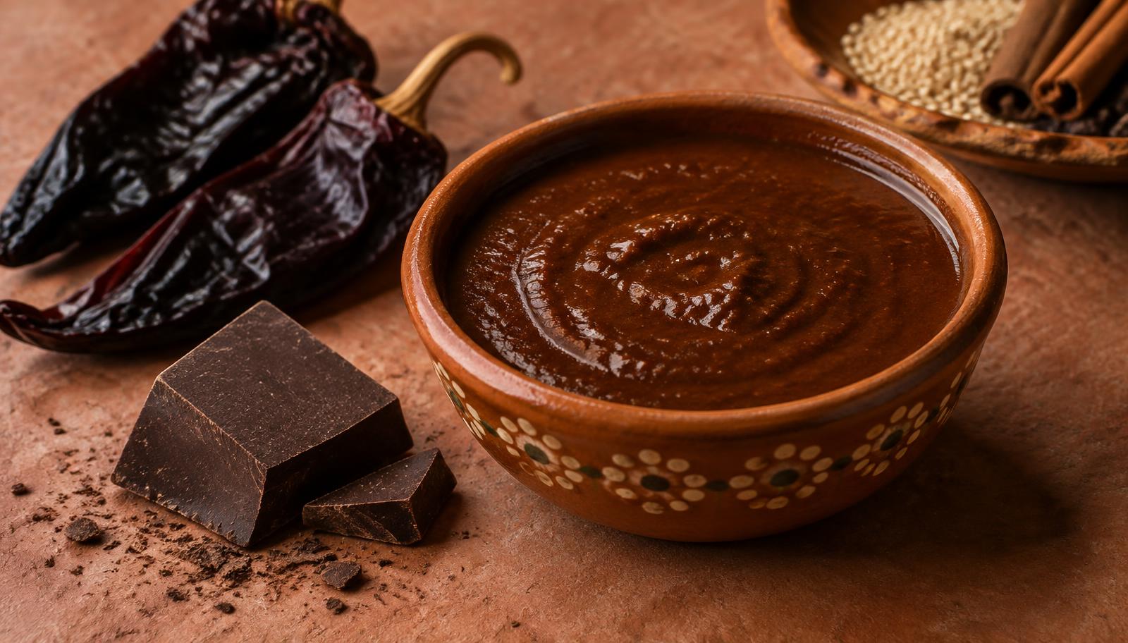 A clay bowl of dark brown mole sauce with dried chiles, chunks of dark chocolate, sesame seeds and cinnamon nearby