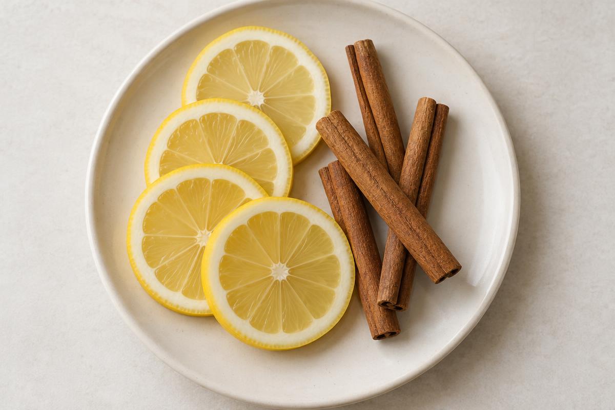 Cinnamon sticks, coriander seeds, a vanilla pod and a halved citrus fruit arranged on parchment paper