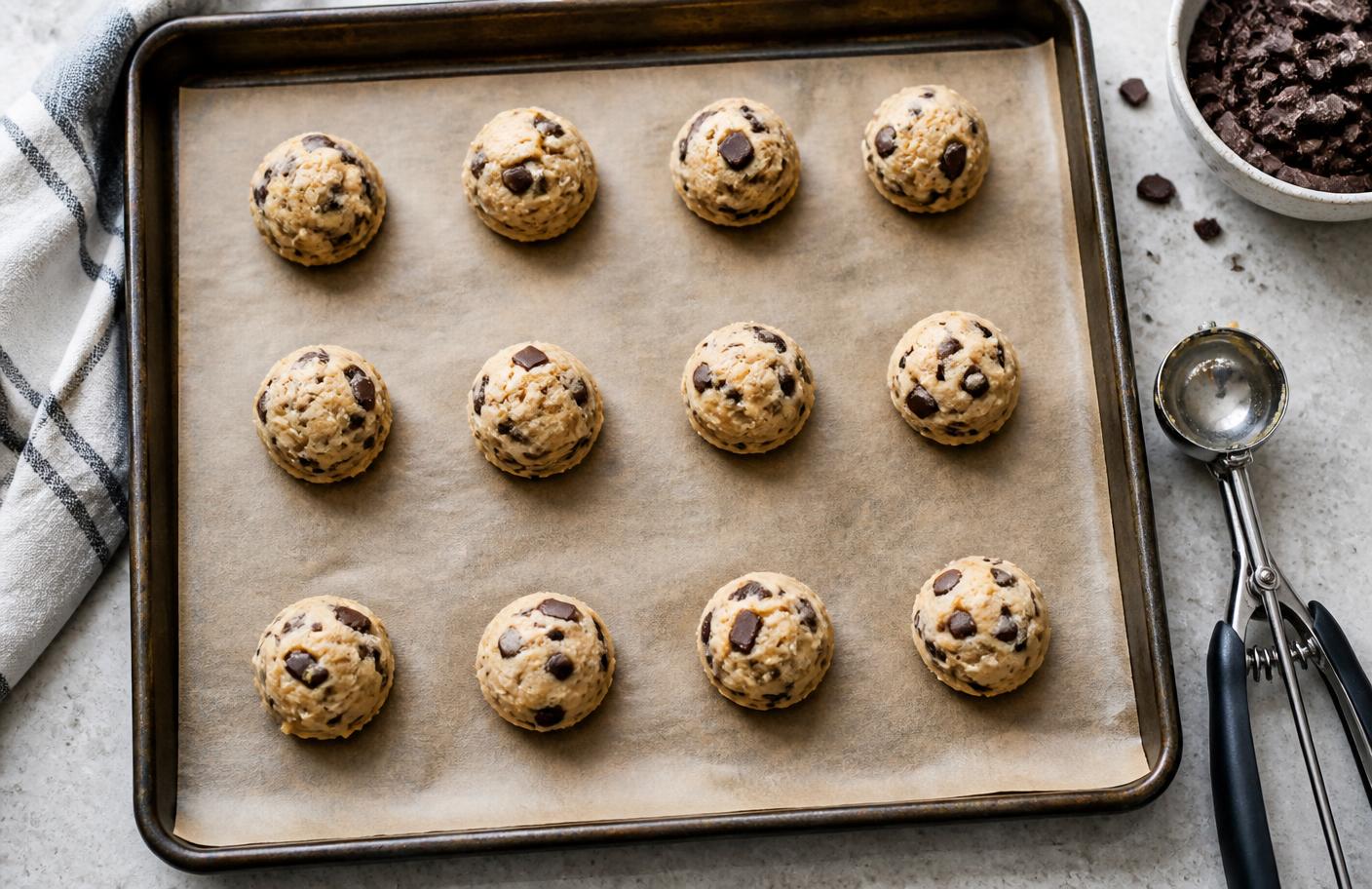 Twelve balls of raw chocolate chip cookie dough spaced on a parchment lined baking sheet with a cookie scoop and a bowl of chopped chocolate alongside
