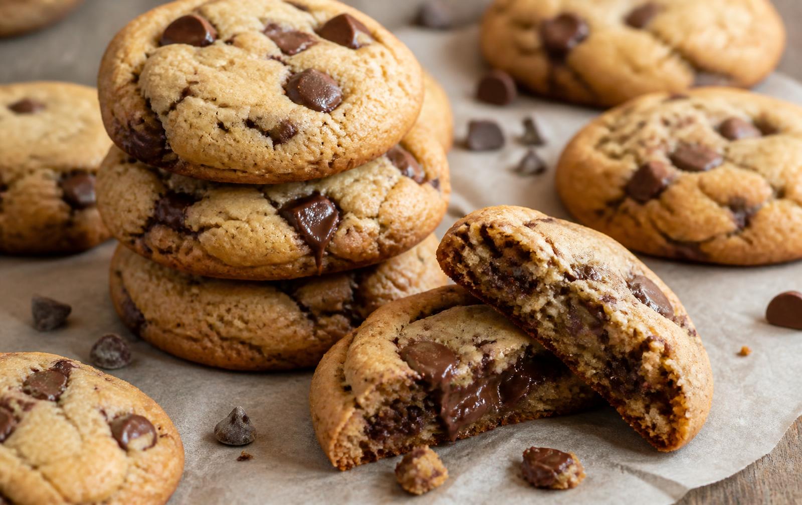 Stack of thick soft chocolate chip cookies on parchment with one cookie broken open showing a gooey melted chocolate center