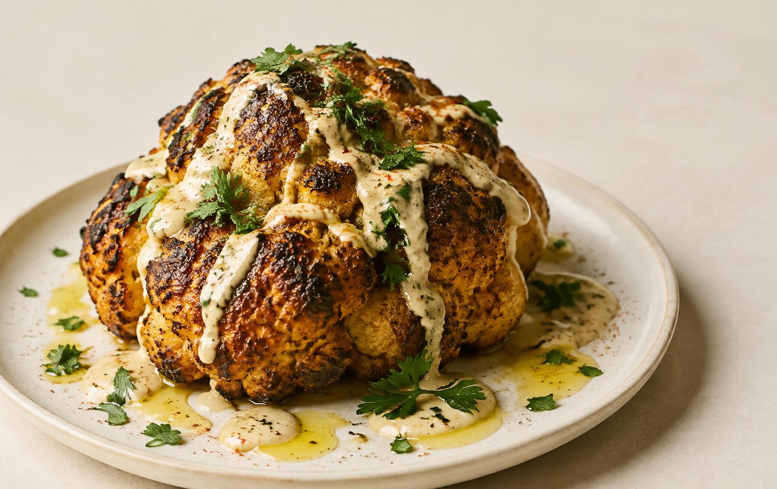 A whole roasted cauliflower, deeply browned and charred, drizzled with tahini sauce and scattered with parsley