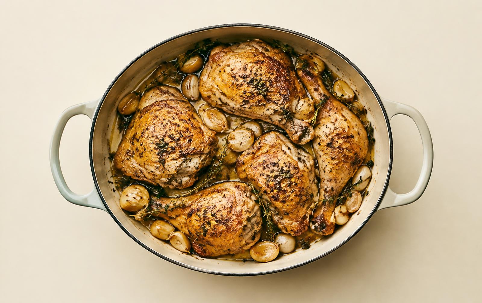Golden browned chicken thighs and legs in an oval braiser surrounded by soft whole garlic cloves and thyme