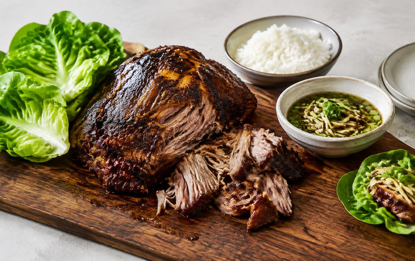 A dark caramelized roasted pork shoulder on a board with lettuce leaves, rice and ginger scallion sauce