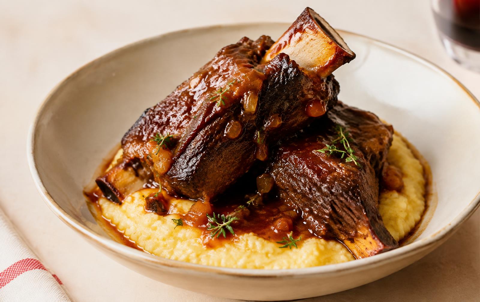 Glossy red wine braised beef short ribs on the bone over creamy polenta in a shallow bowl