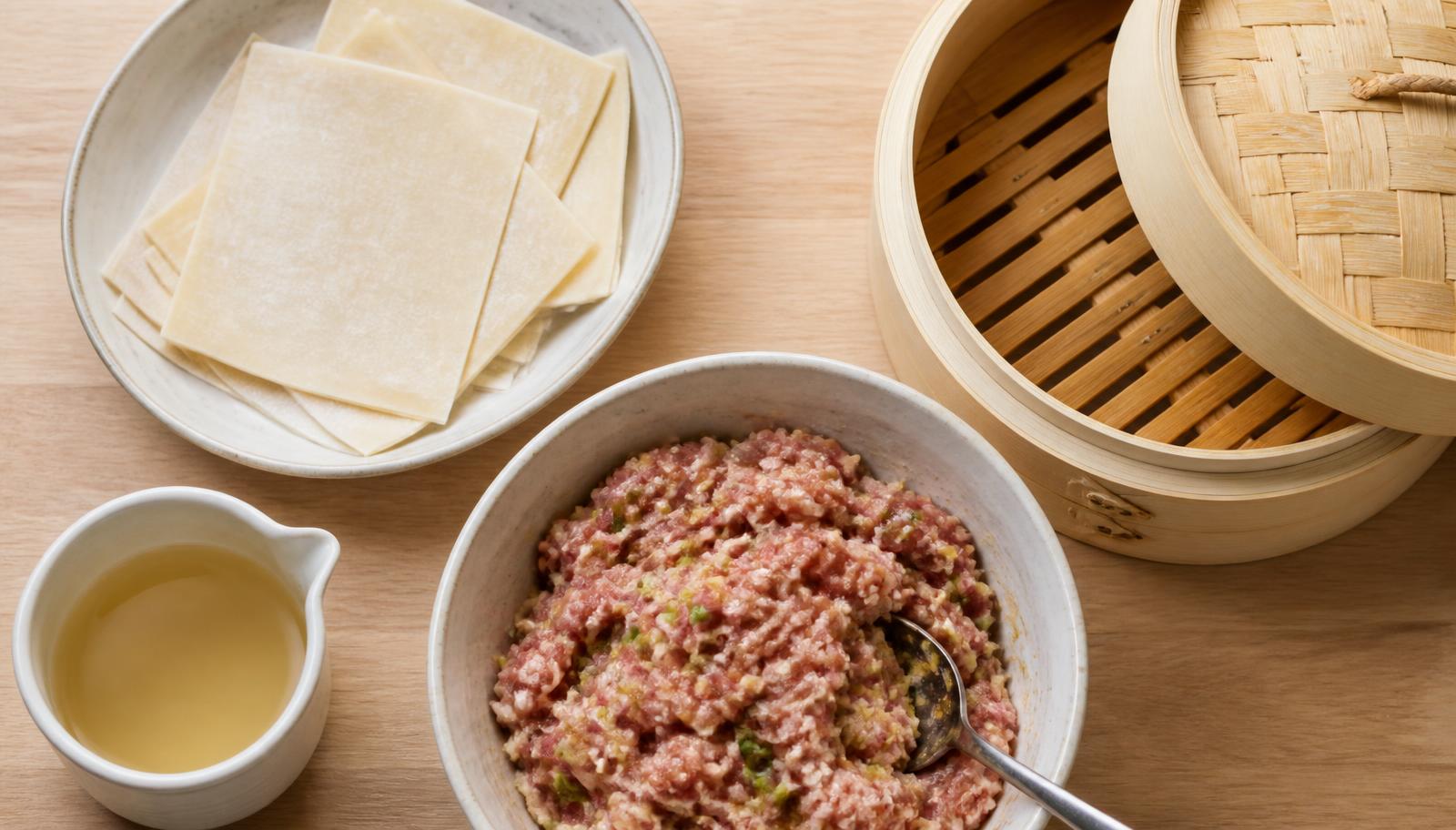 Square wonton wrappers, a bowl of raw seasoned ground pork, a pitcher of chicken broth and a bamboo steamer on a wood counter