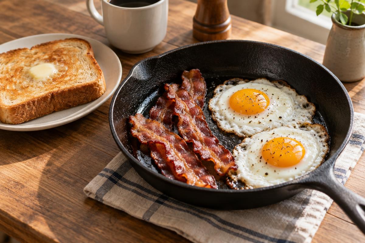 Painterly illustration of bacon and fried eggs sizzling in a cast iron skillet