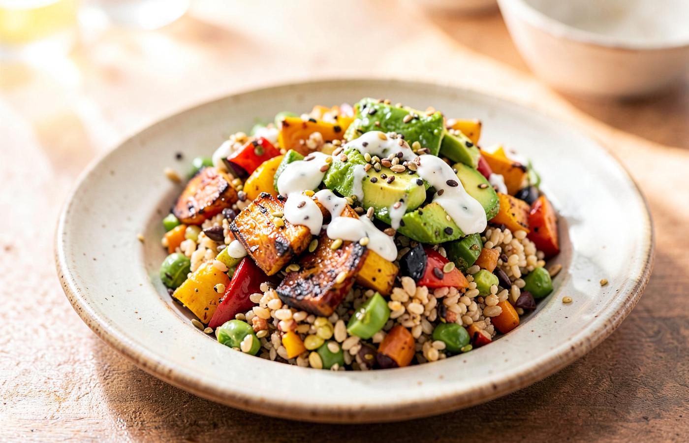 Grain bowl with roasted vegetables, legumes, seeds and yogurt dressing