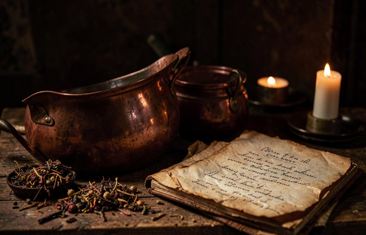 Antique copper pots, dried spices and a handwritten cookbook lit by candlelight