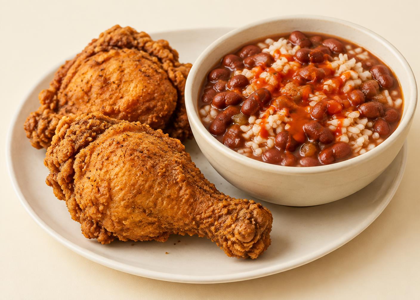 Fried chicken pieces next to a bowl of red beans and rice splashed with orange-red cayenne hot sauce