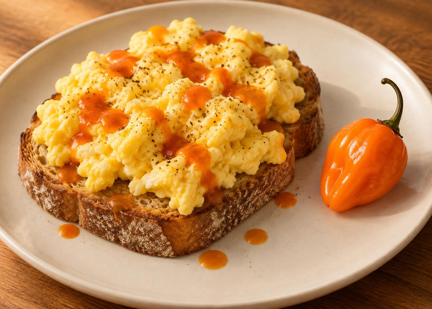 Scrambled eggs on toast dotted with bright orange habanero hot sauce, a whole orange habanero chile beside the plate