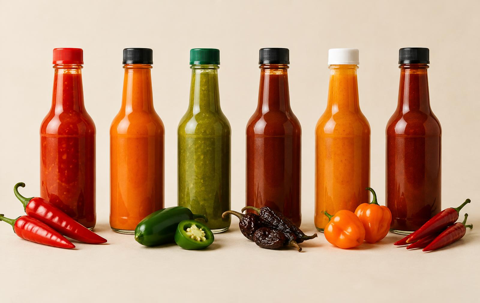 A row of red, orange, green and dark brown hot sauces in glass bottles with fresh and dried chiles on a cream background