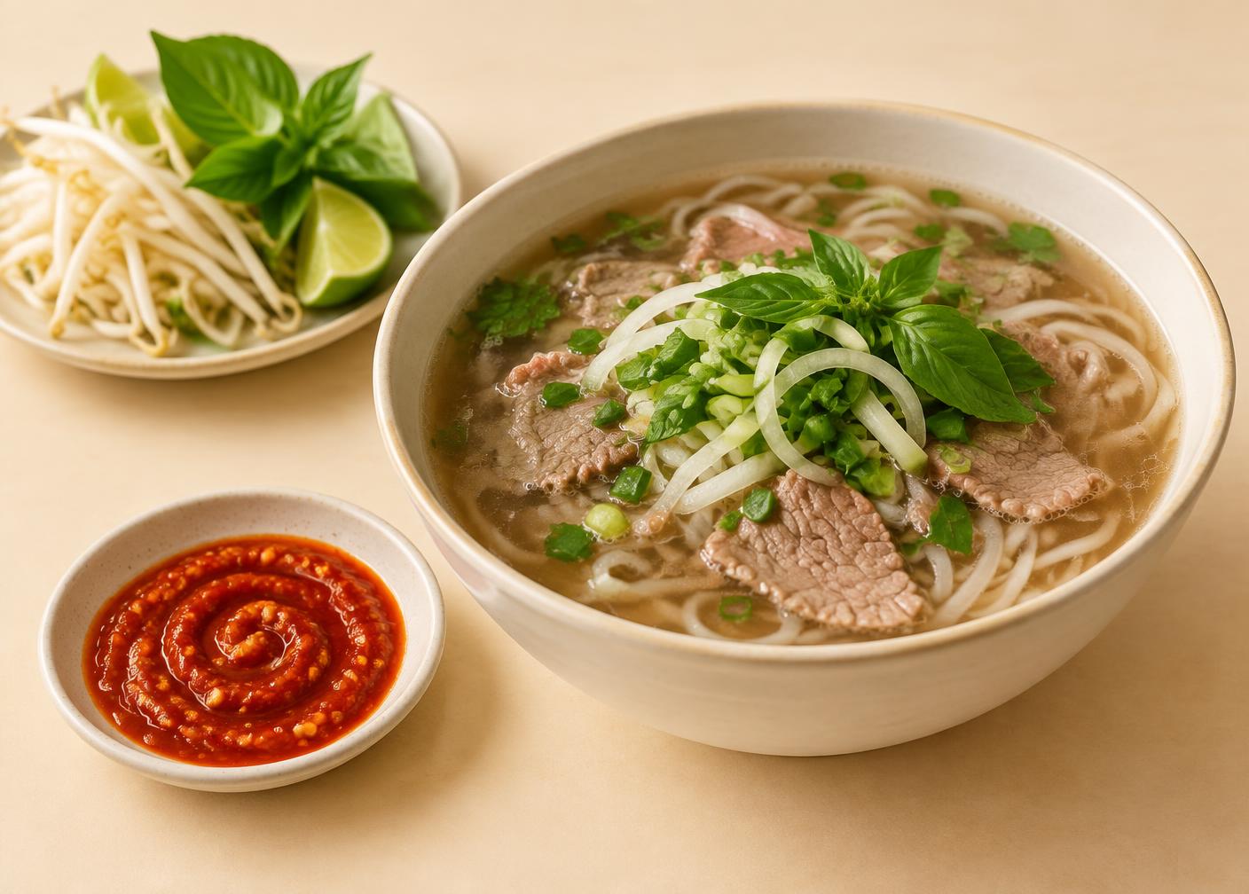 A bowl of beef pho with fresh herbs next to a small dish of thick red chili garlic sauce