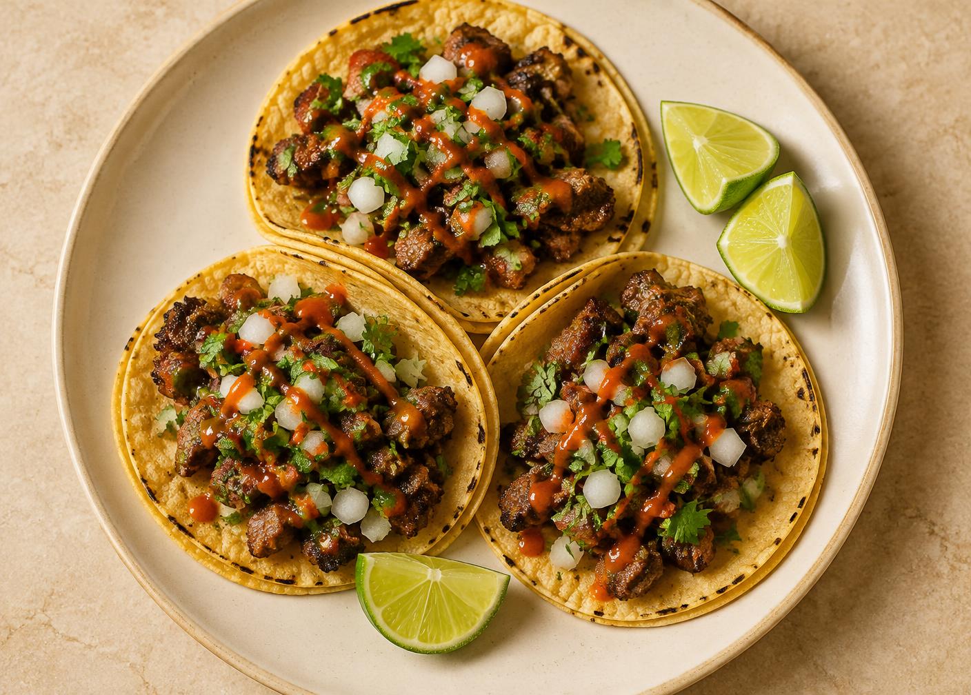 Three street tacos with diced onion and cilantro, drizzled with thin red Mexican hot sauce, with lime wedges