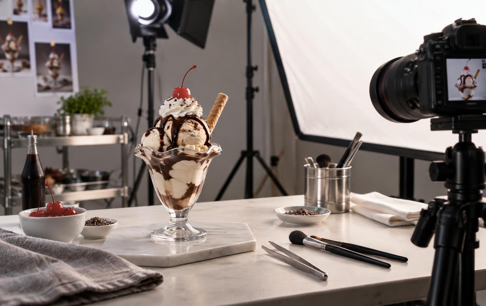 A perfect scoop of ice cream on a cone under studio strobe lights, with styling tweezers and a brush nearby