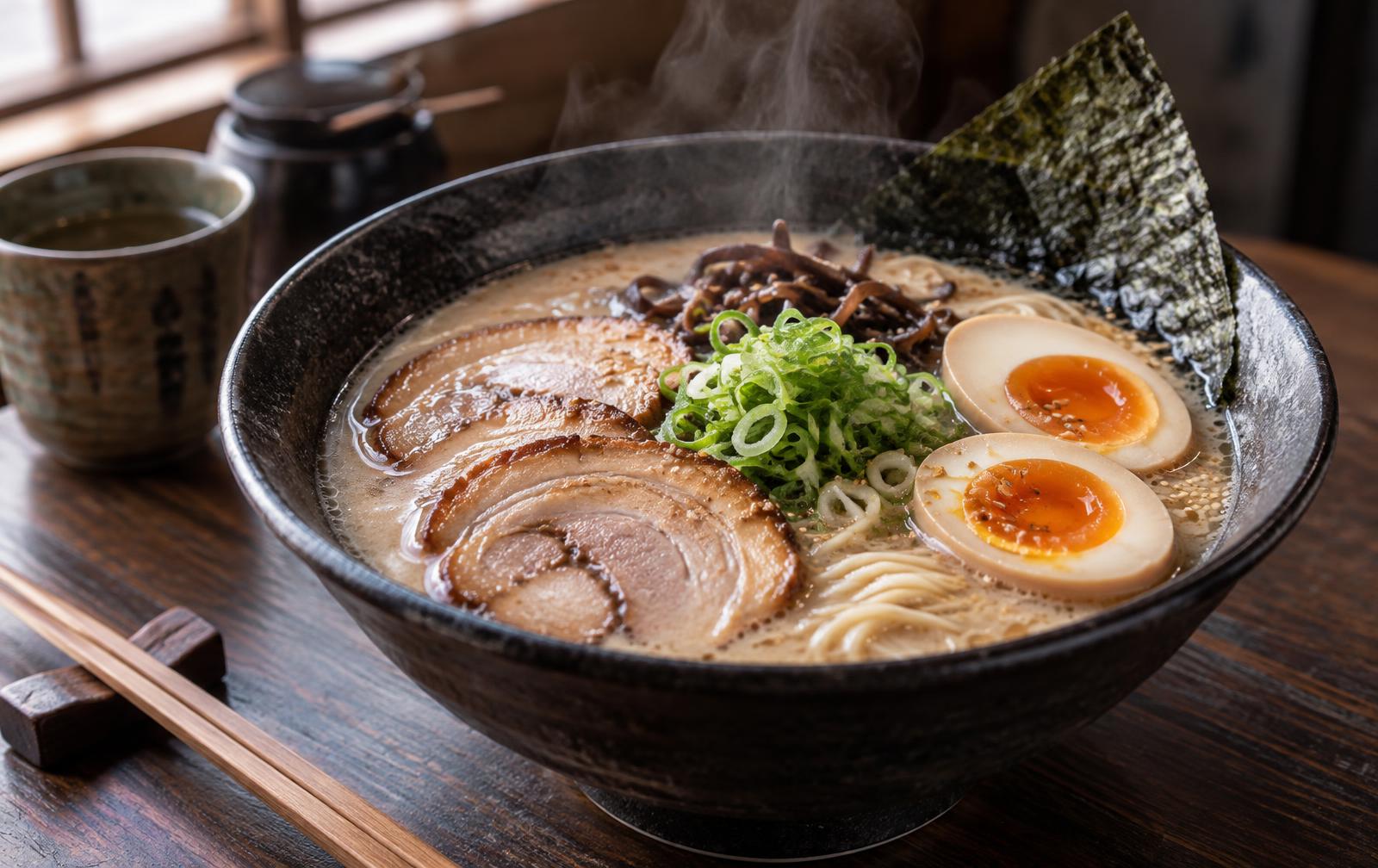 A steaming bowl of shoyu ramen with sliced chashu pork and a soft-boiled egg