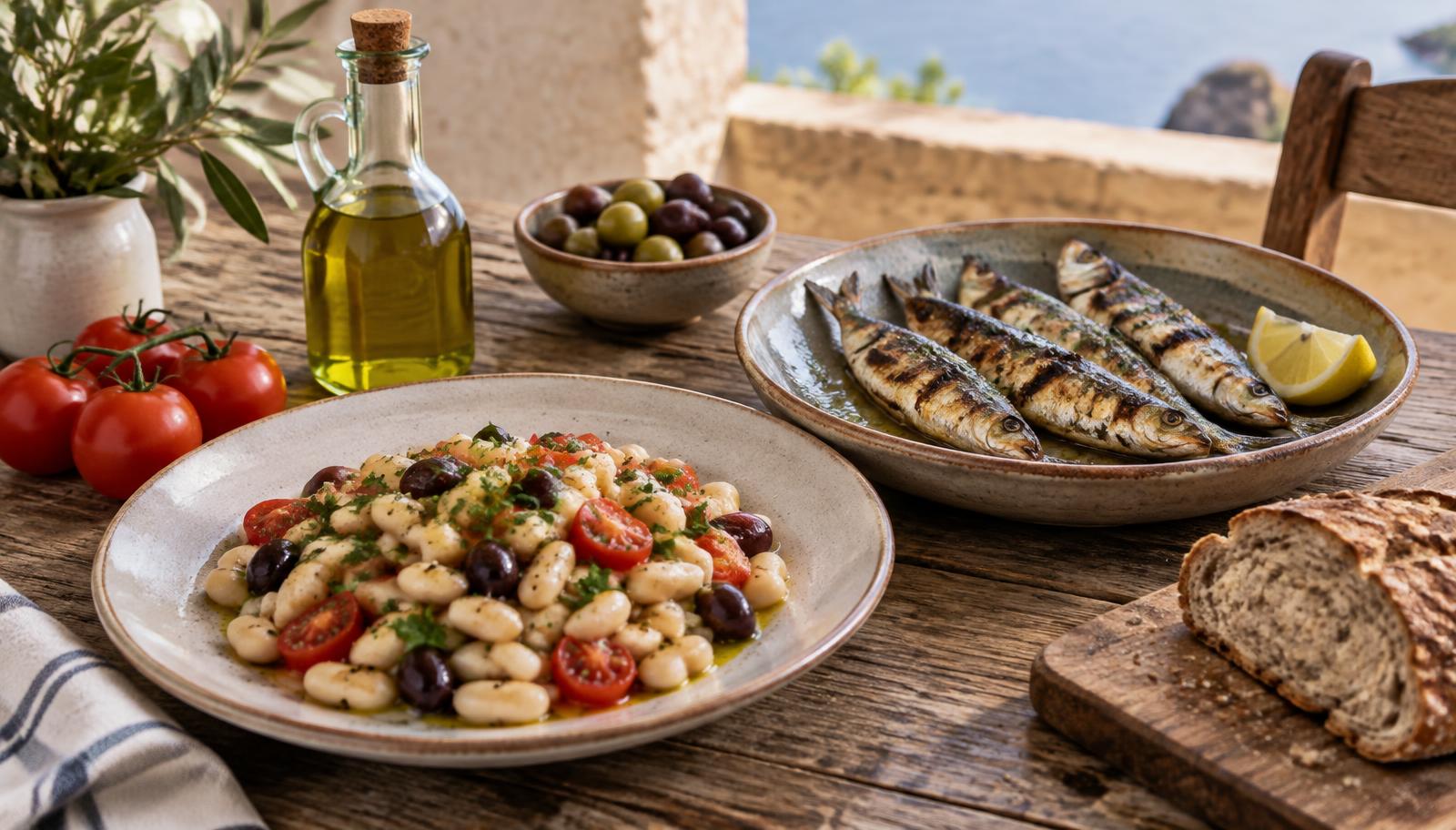 A Mediterranean diet spread of olive oil, grilled sardines, white beans, tomatoes, olives and whole grain bread on a wooden table