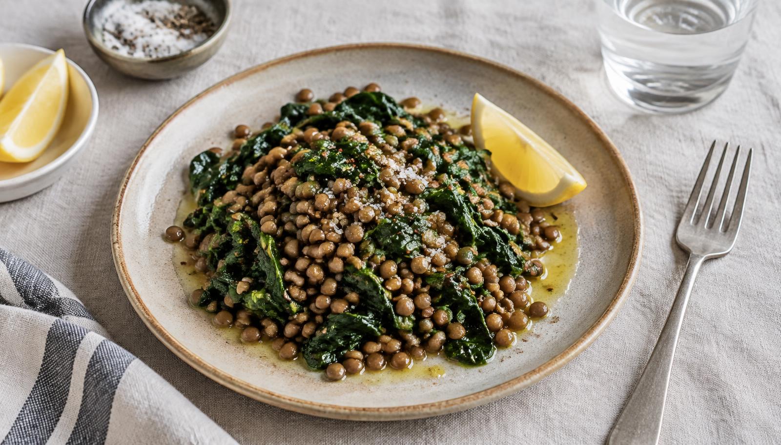 A plate of brown lentils with wilted greens, a lemon wedge and olive oil, with a fork and glass of water on a linen tablecloth