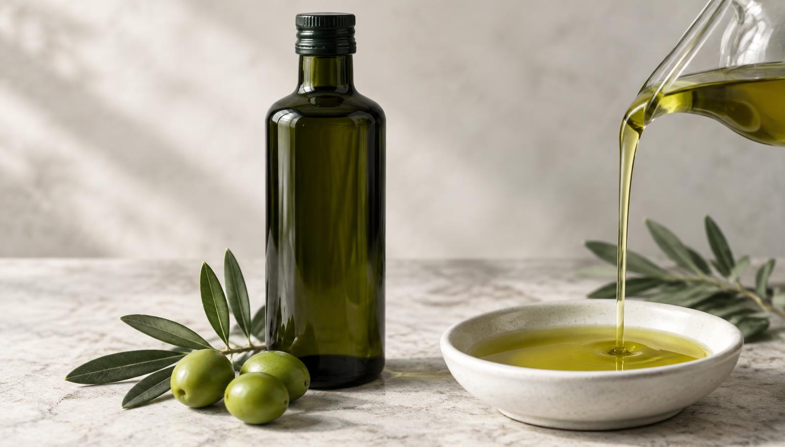 A dark green bottle of extra virgin olive oil beside a shallow dish of oil being poured, with fresh olives and olive leaves
