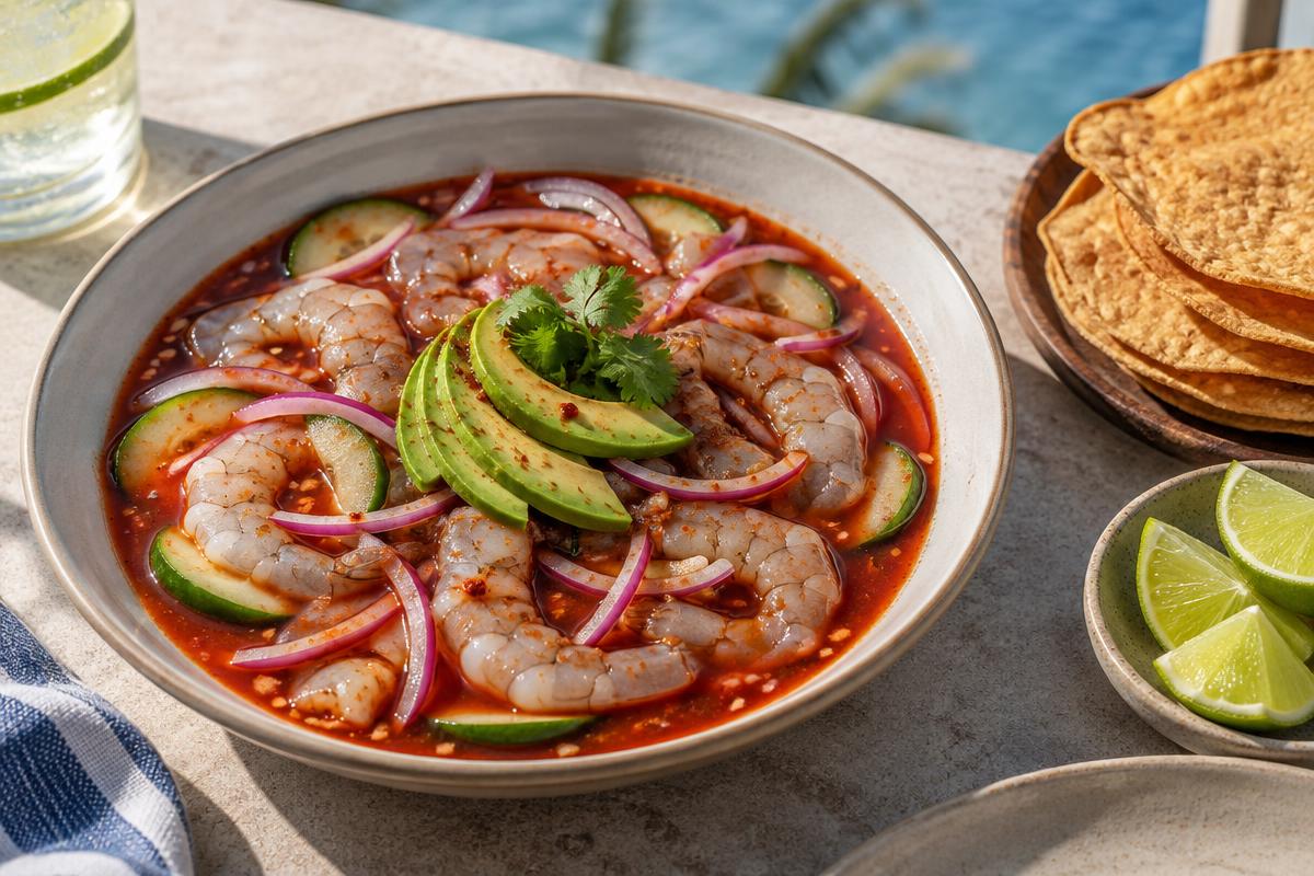 Raw shrimp in a red chile and lime aguachile broth with cucumber, red onion and avocado