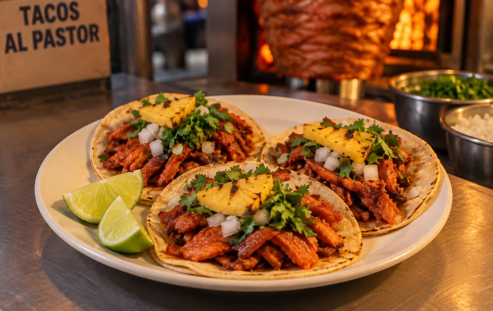 Three tacos al pastor with marinated pork, onion, cilantro and grilled pineapple beside lime wedges