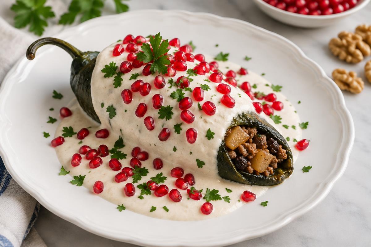A poblano chile covered in white walnut sauce and pomegranate seeds on a white plate
