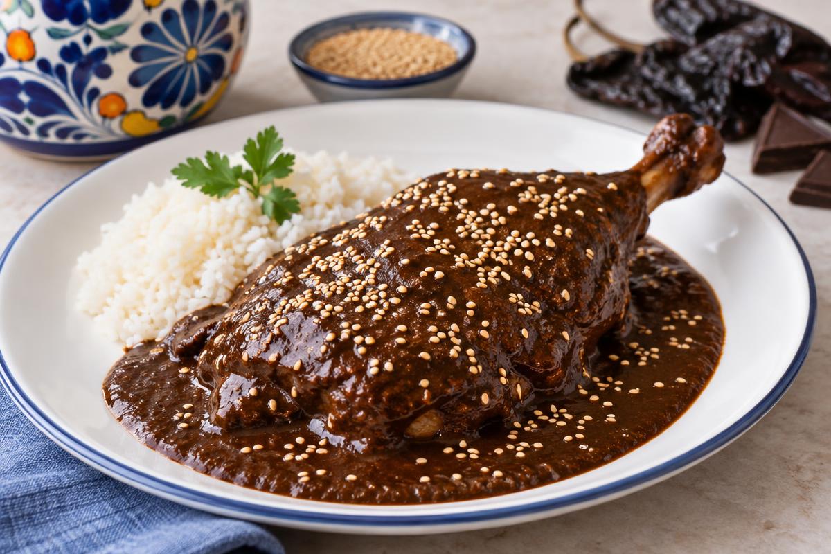 Glossy dark mole poblano poured over chicken with sesame seeds and white rice on a white plate