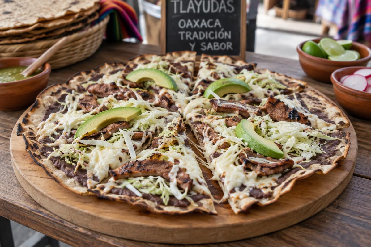 A crisp Oaxacan tlayuda cut into wedges with bean paste, quesillo cheese, cabbage, avocado and grilled meat