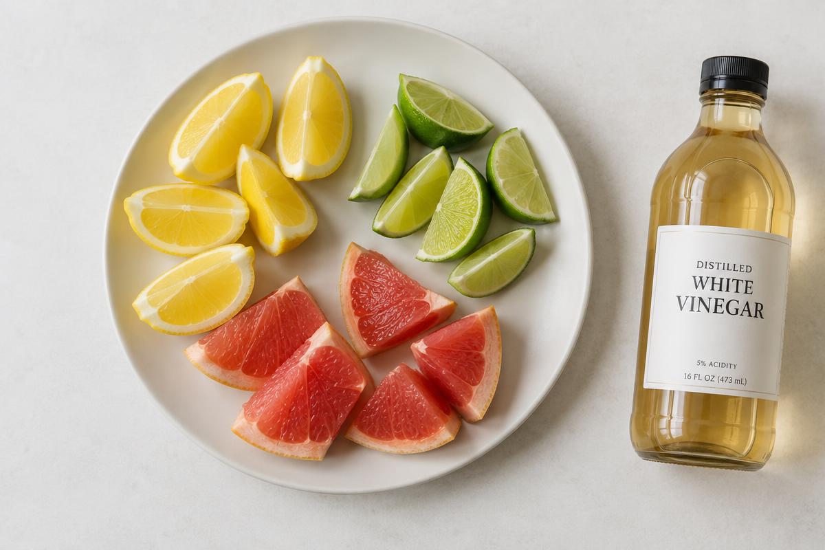 Small bowls of sour foods, including lemon wedges and vinegar, arranged for a tasting flight