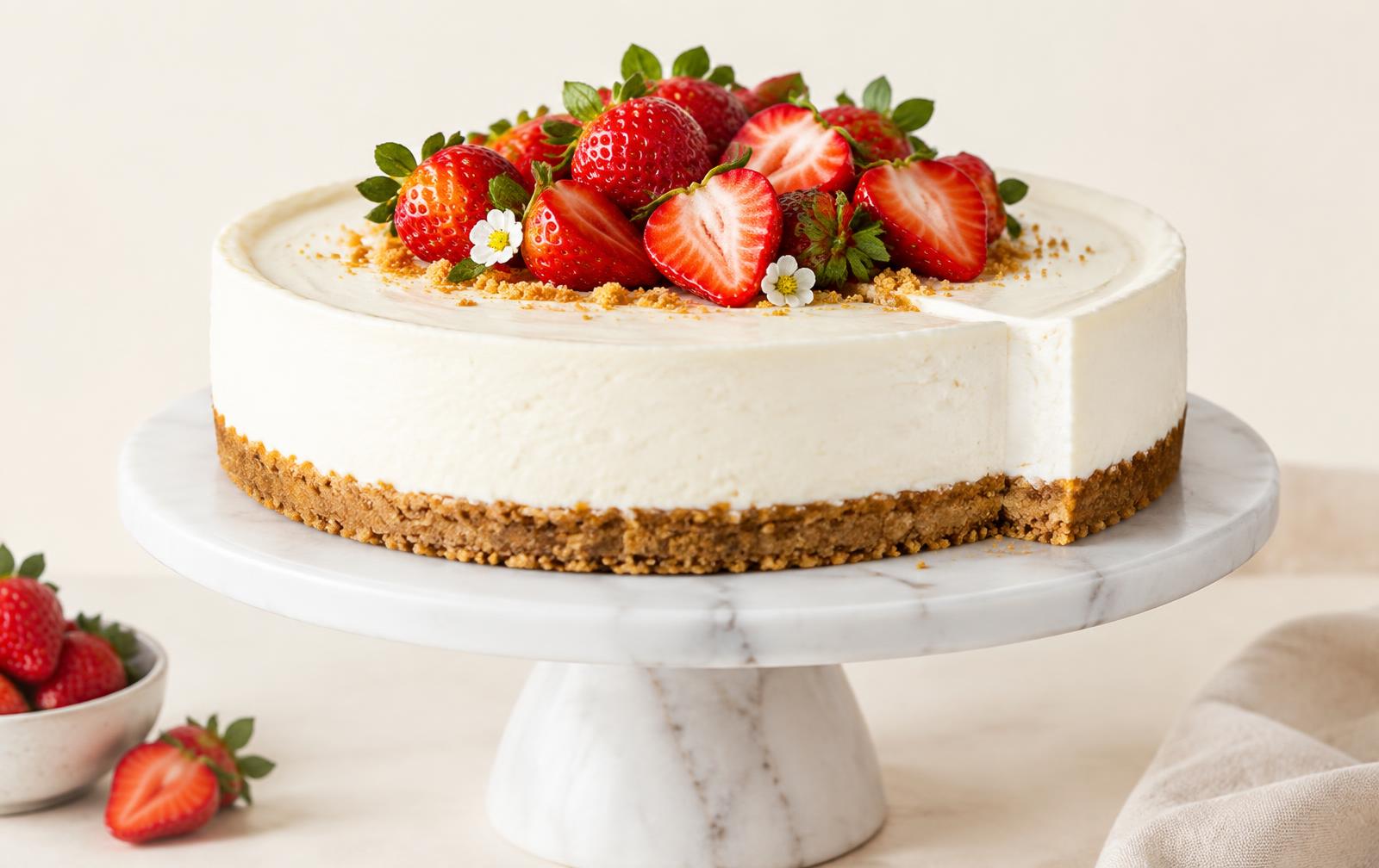 A tall no-bake cheesecake with a golden graham cracker crust on a marble cake stand, topped with fresh strawberries, one slice removed