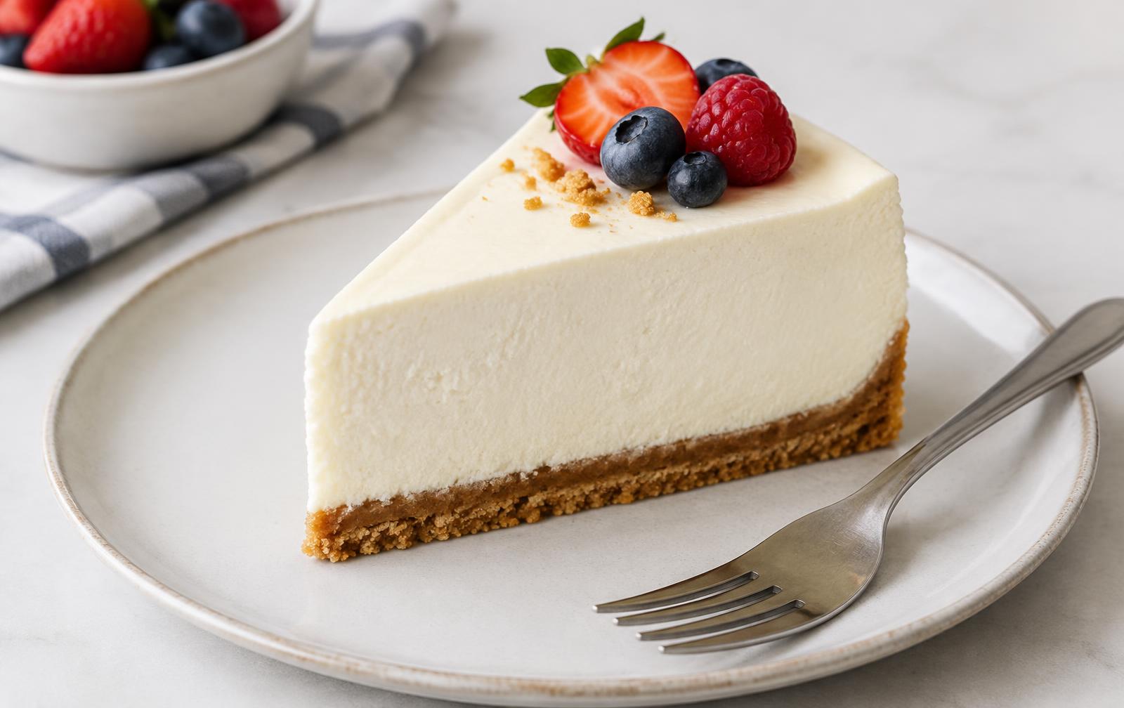 A clean slice of no-bake cheesecake on a white plate showing a firm, smooth filling and an even graham cracker base, with berries on top