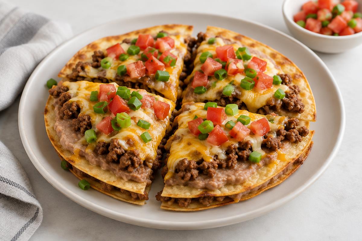 A crisp flat tortilla dish layered with beans, seasoned beef, melted cheese and diced tomato, cut in quarters