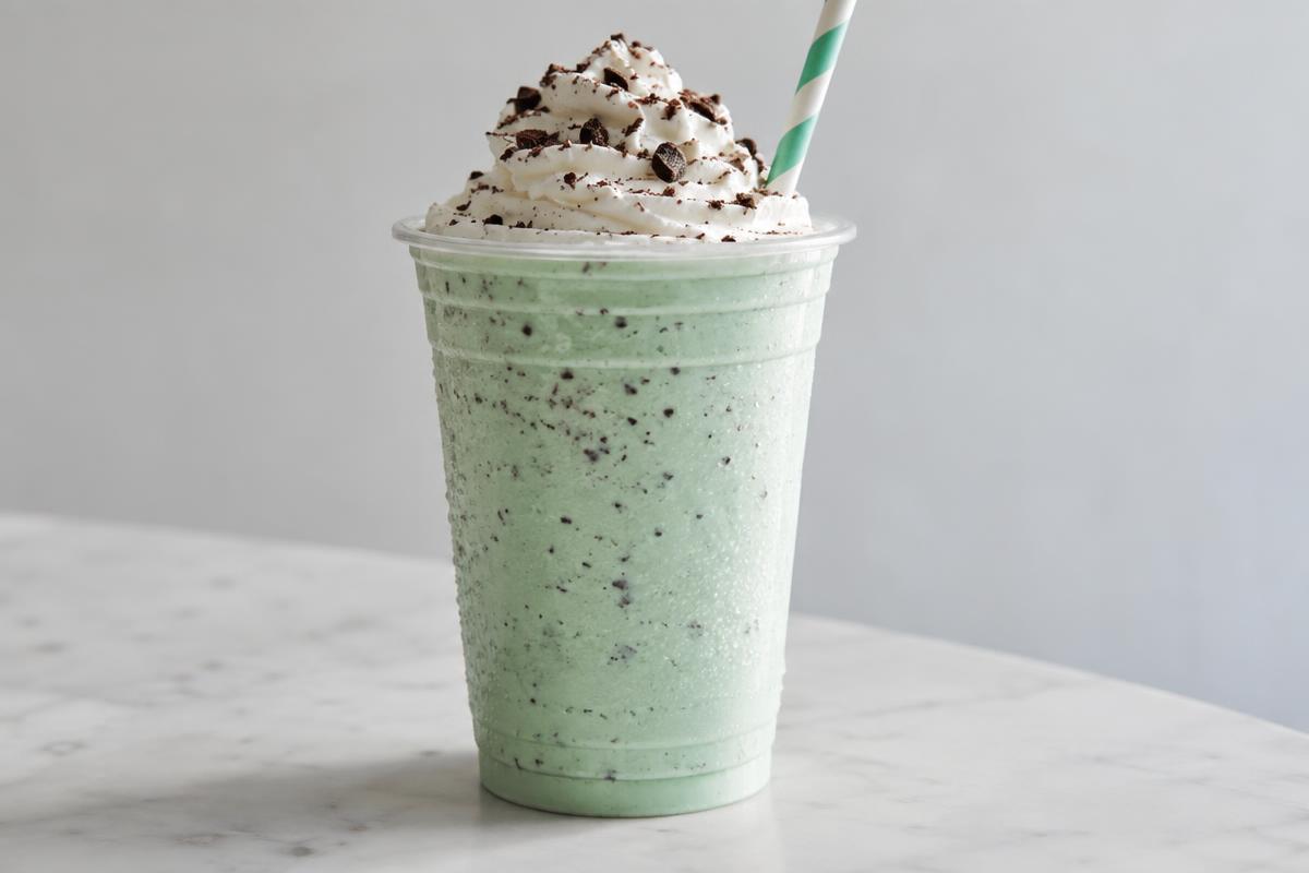 A thick pale green mint milkshake in a clear cup with whipped cream and a straw