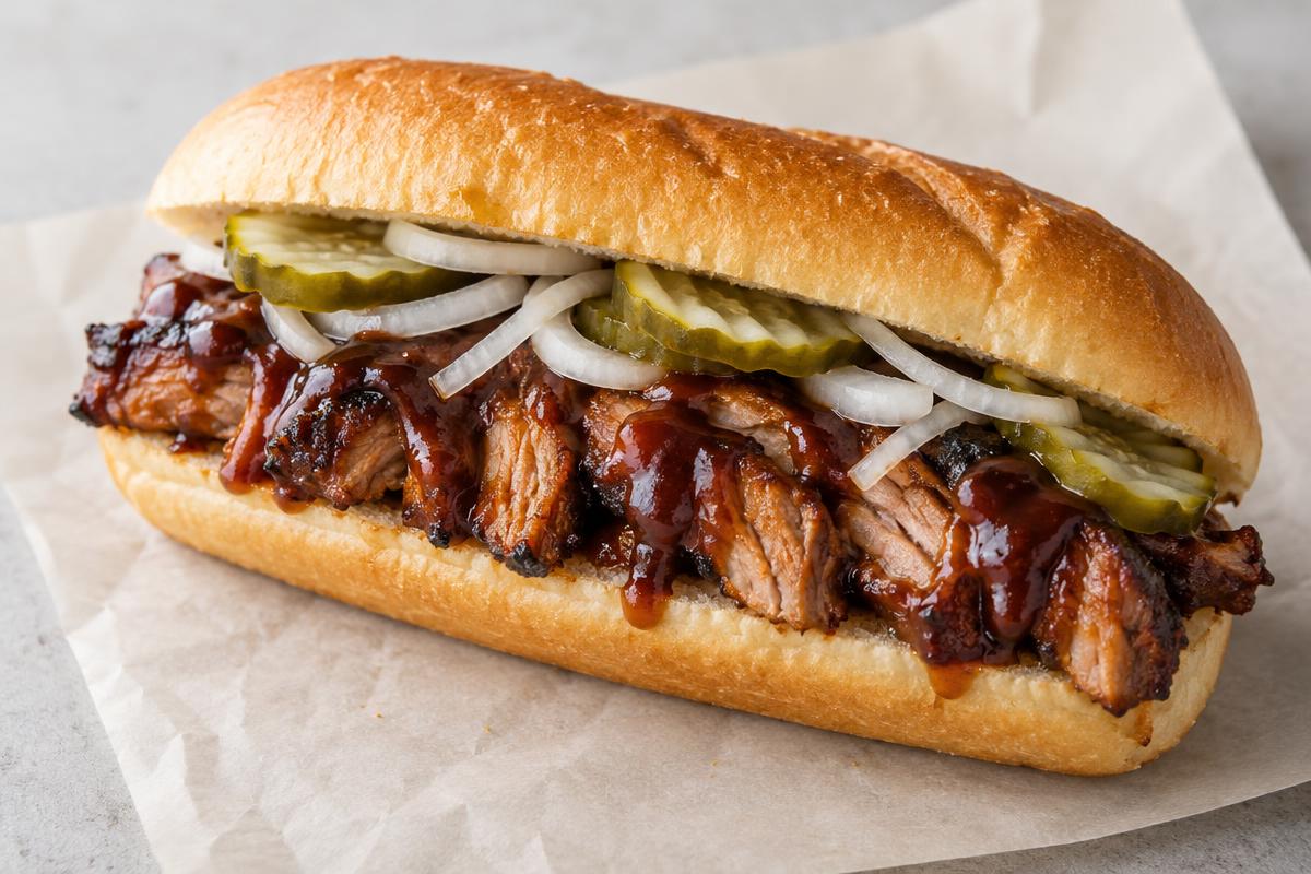 A barbecue pork sandwich on a long roll with dark sauce, pickles and slivered onion