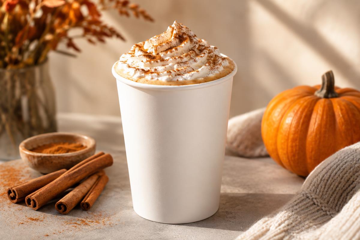 A pumpkin spice latte in a plain white cup topped with whipped cream and spice