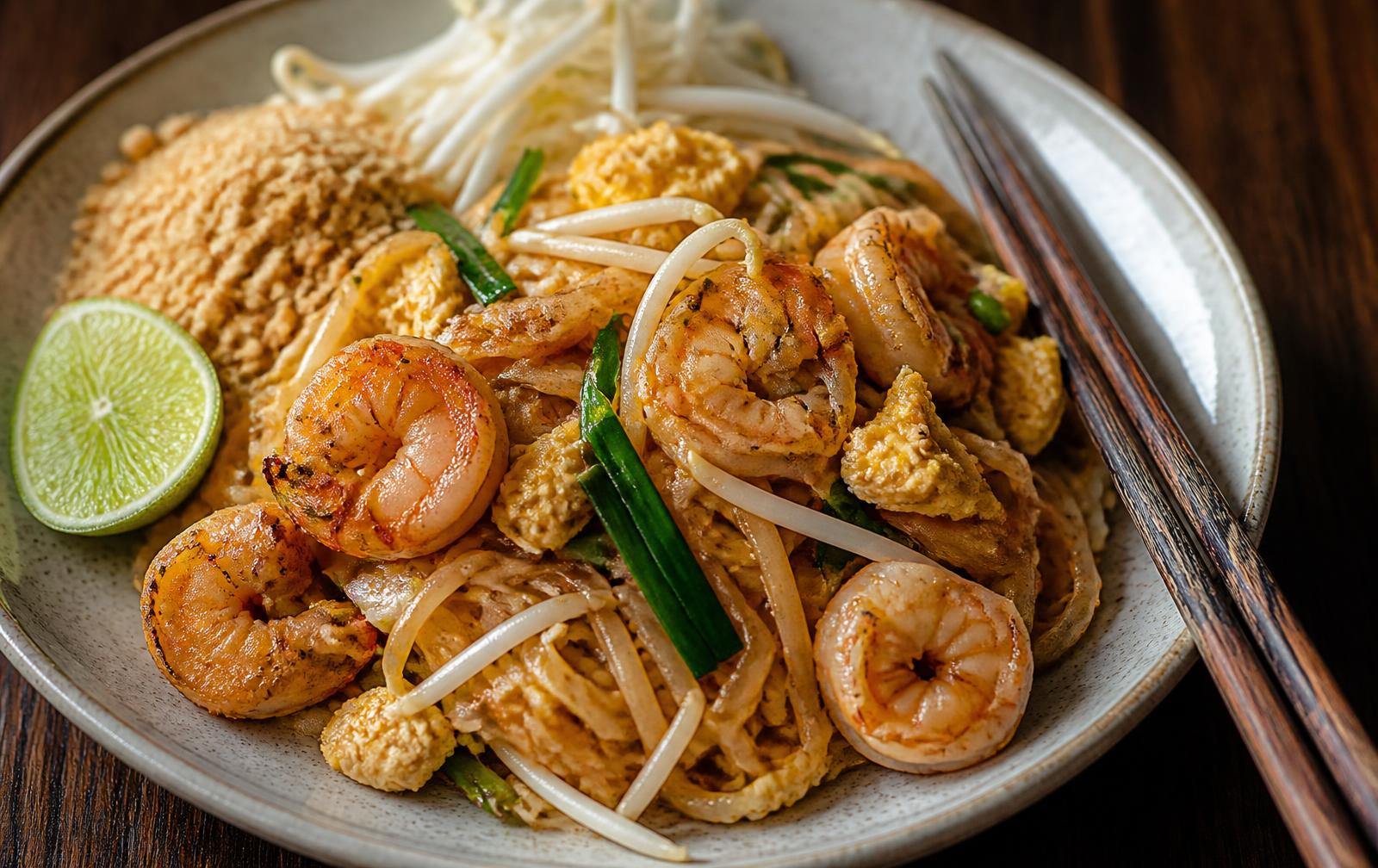 Plate of pad thai with shrimp, scrambled egg, bean sprouts, crushed peanuts, scallions and a lime wedge
