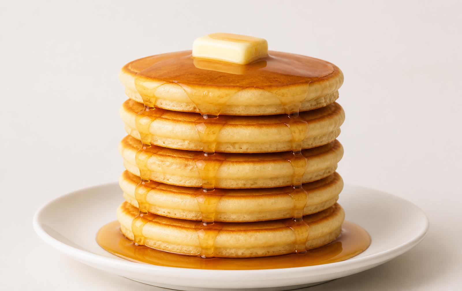 A tall stack of golden pancakes with butter on top and glossy syrup running down the sides