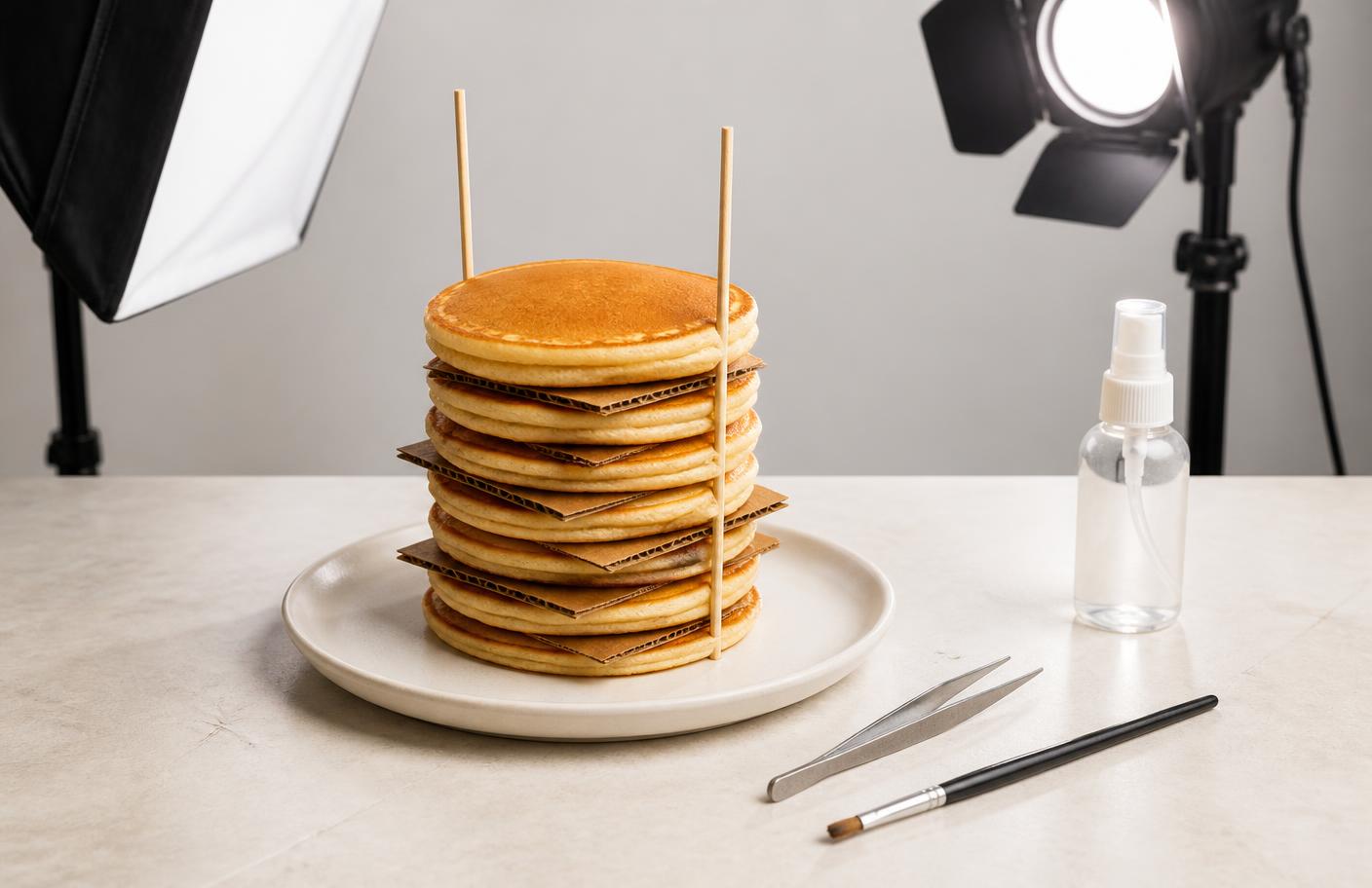 A pancake stack on set with cardboard discs hidden between the layers and skewers holding it upright